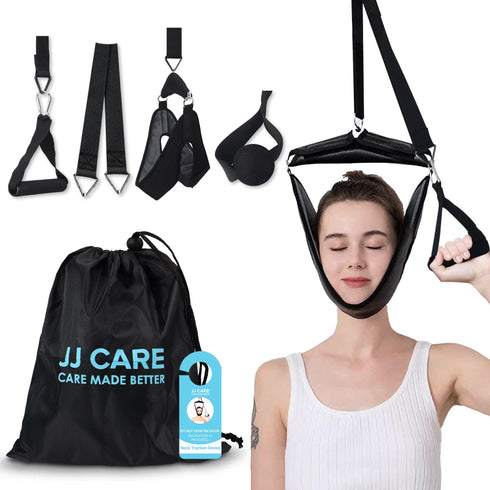JJ CARE Neck Stretcher - Cervical Traction Device for Chiropractor - Cervical Neck Traction Device Over The Door for Home Use - 6-Piece Set Neck Sling for Home Physical Therapy with Door Stop Sign